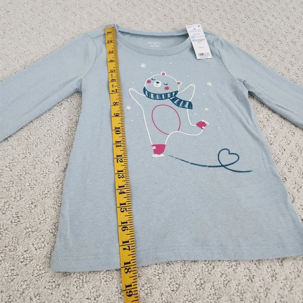 Carters Girls 5T Light Blue Ice Skating Polar Bear Long Sleeve Graphic Tee NWT
